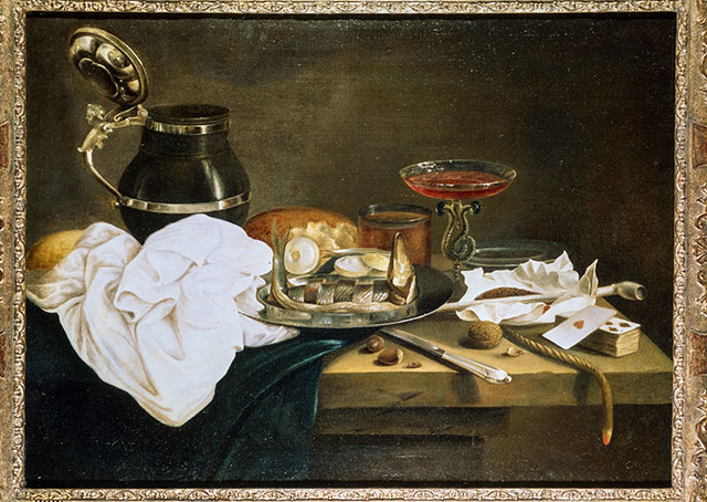 Anonimo — Luttichuijs Simon - sec. XVII - Natura morta con brocca, bicchiere, pipa, piatto con pesce e mazzo di carte — insieme